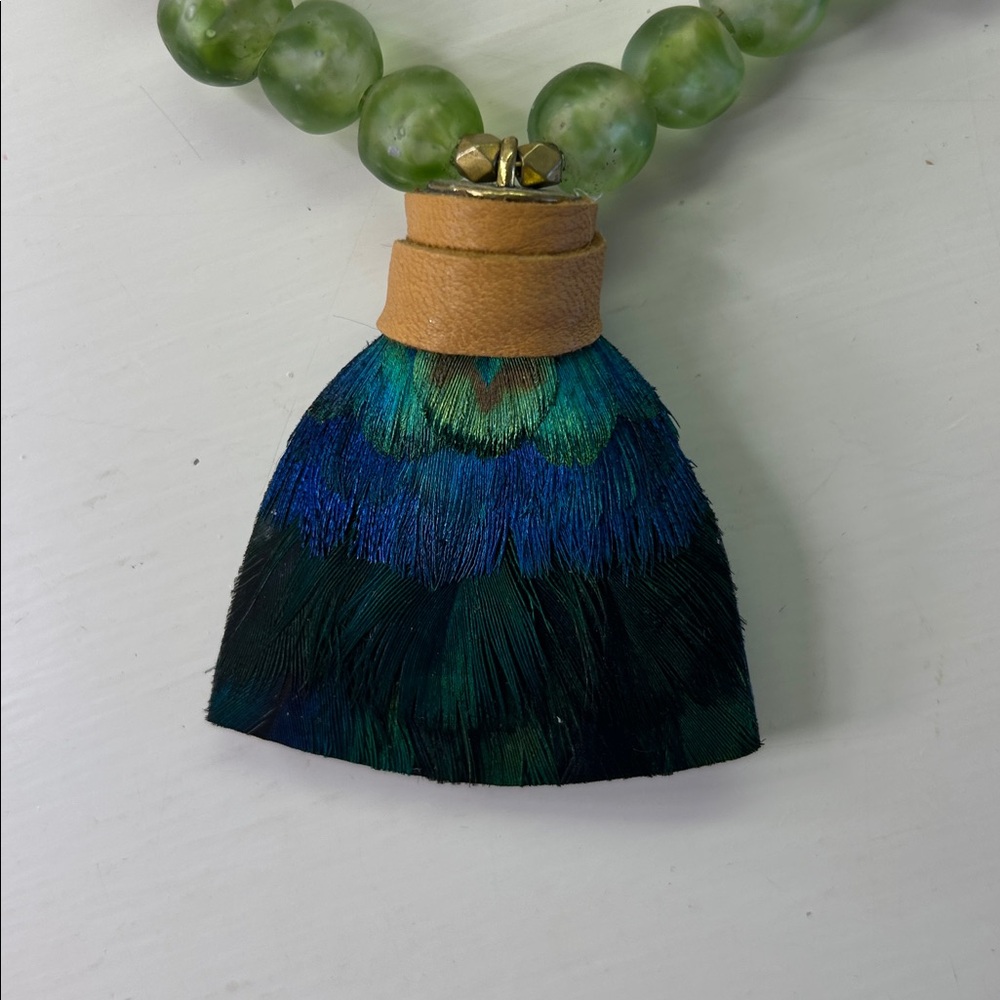 Brackish Green Beaded Tassel Necklace with Feather Accent Pendant - Picture 2 of 5